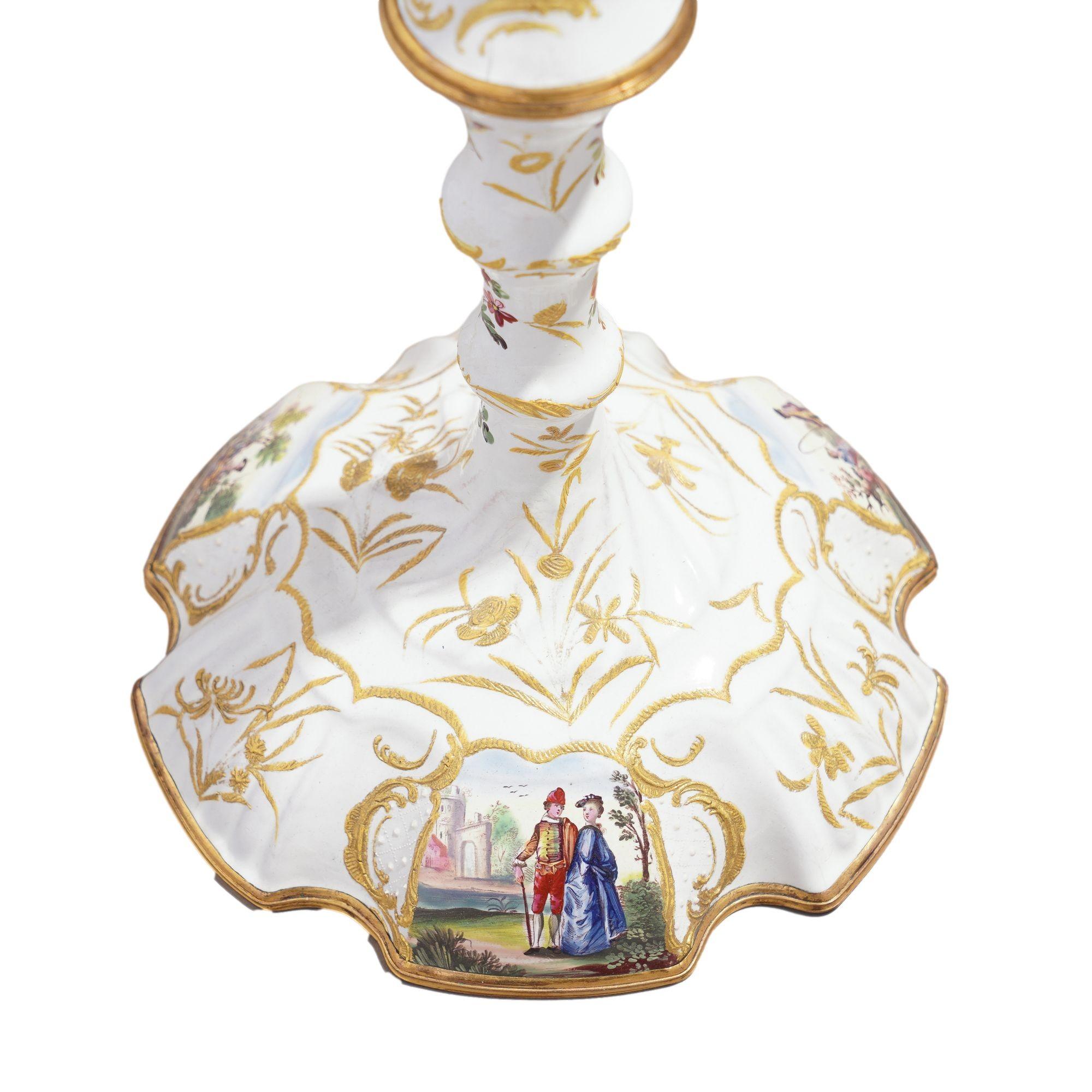 Pair of English Rococo Battersea candlesticks, c. 1760-65 For Sale 9