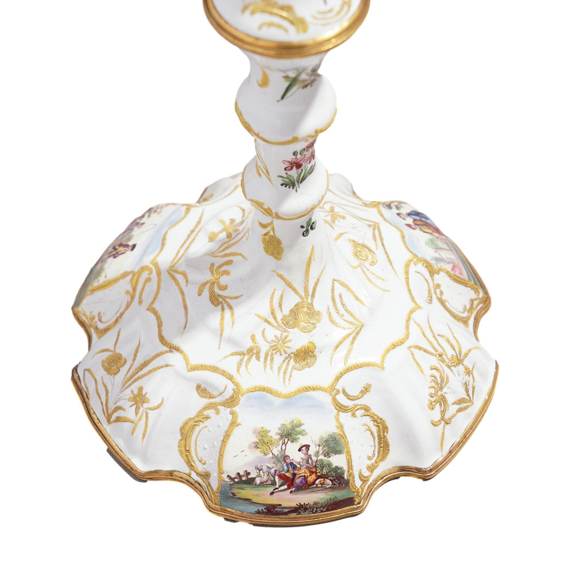 Pair of English Rococo Battersea candlesticks, c. 1760-65 For Sale 10