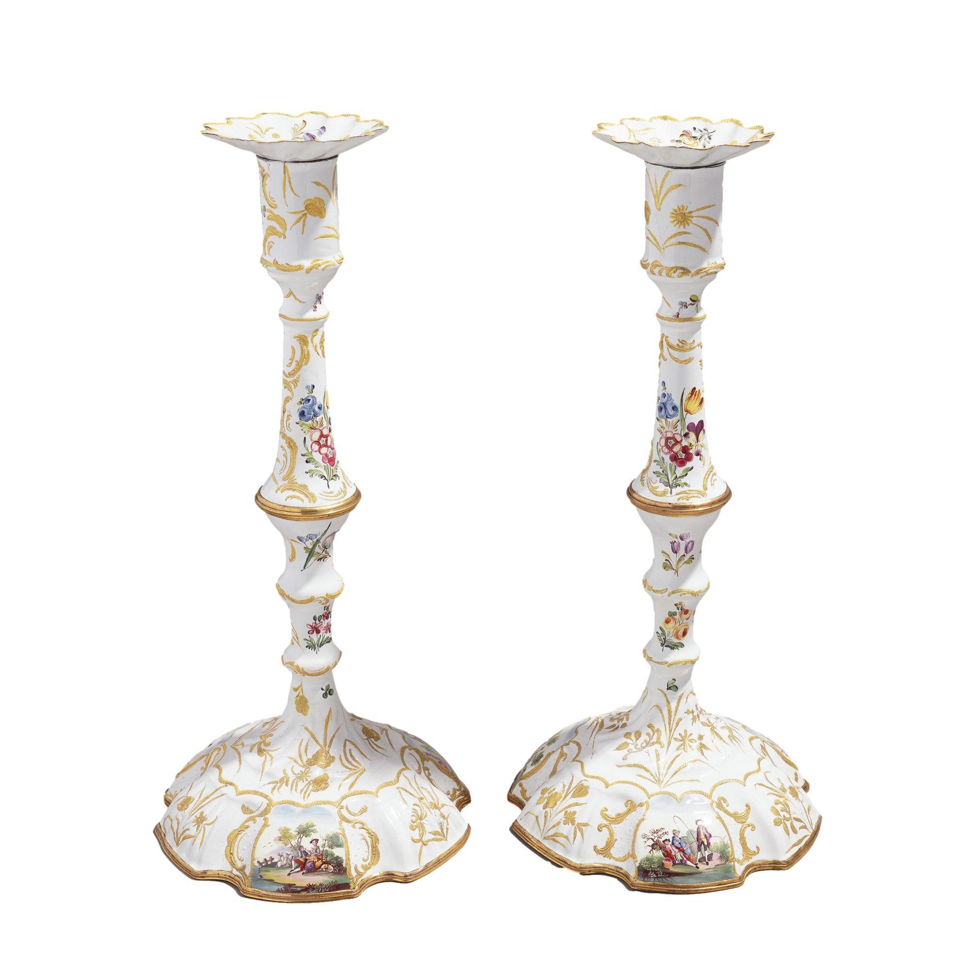 British Pair of English Rococo Battersea candlesticks, c. 1760-65 For Sale