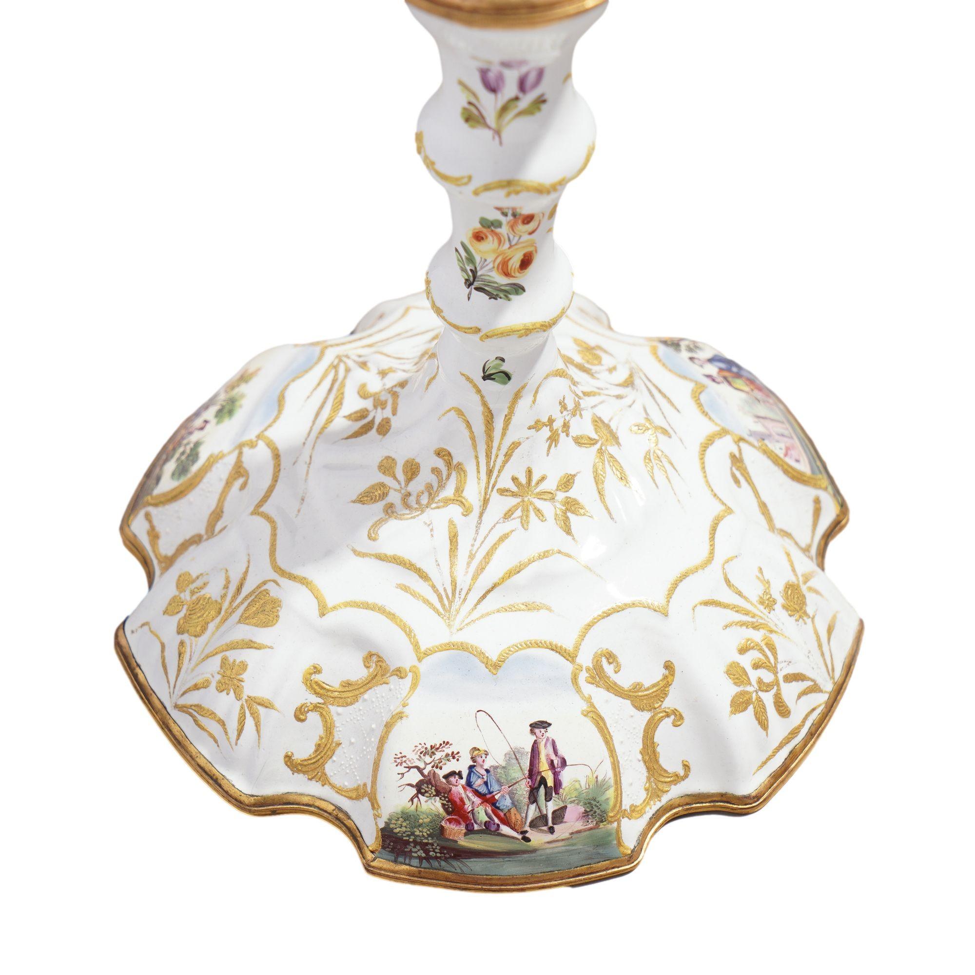 Pair of English Rococo Battersea candlesticks, c. 1760-65 For Sale 3