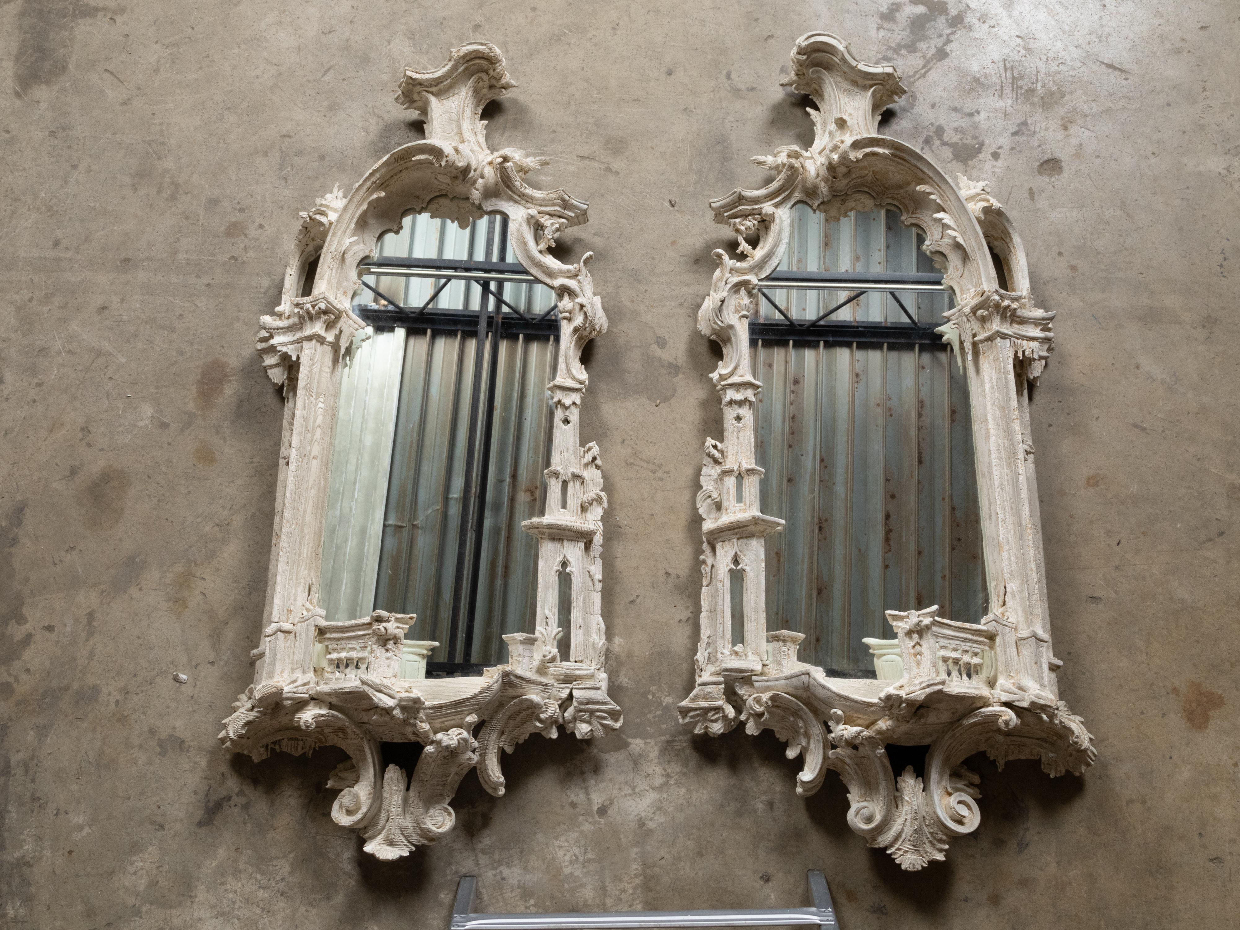 19th Century Pair of English Rococo Chippendale Style Painted & Carved Architectural Mirrors For Sale