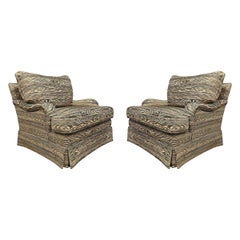 Pair of English Roll Arm Chairs with Faux Bois Upholstery
