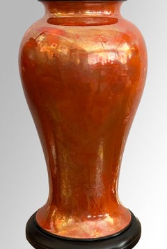 Pair of English Ruskin Pottery Iridescent Orange-glazed Vases now as Lamps