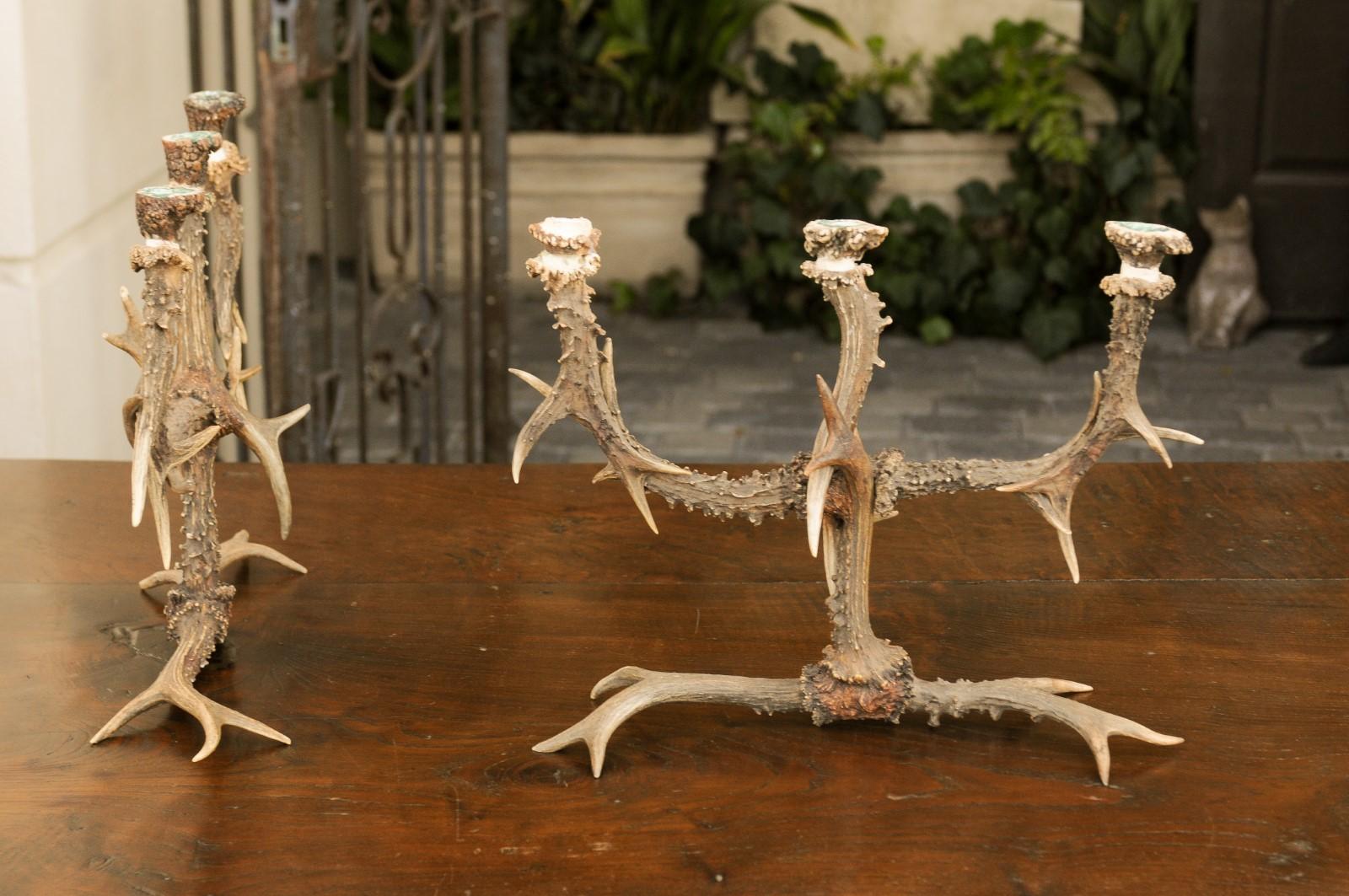 Pair of English Rustic Antler Three-Arm Candelabra from the 1940s For Sale 8