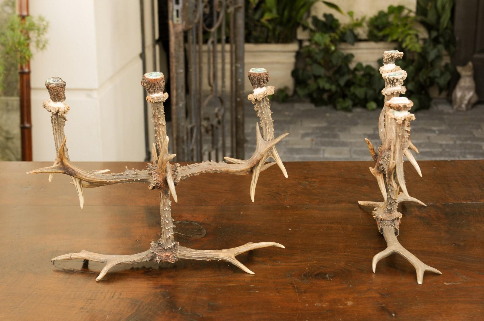 Pair of English Rustic Antler Three-Arm Candelabra from the 1940s For Sale 9