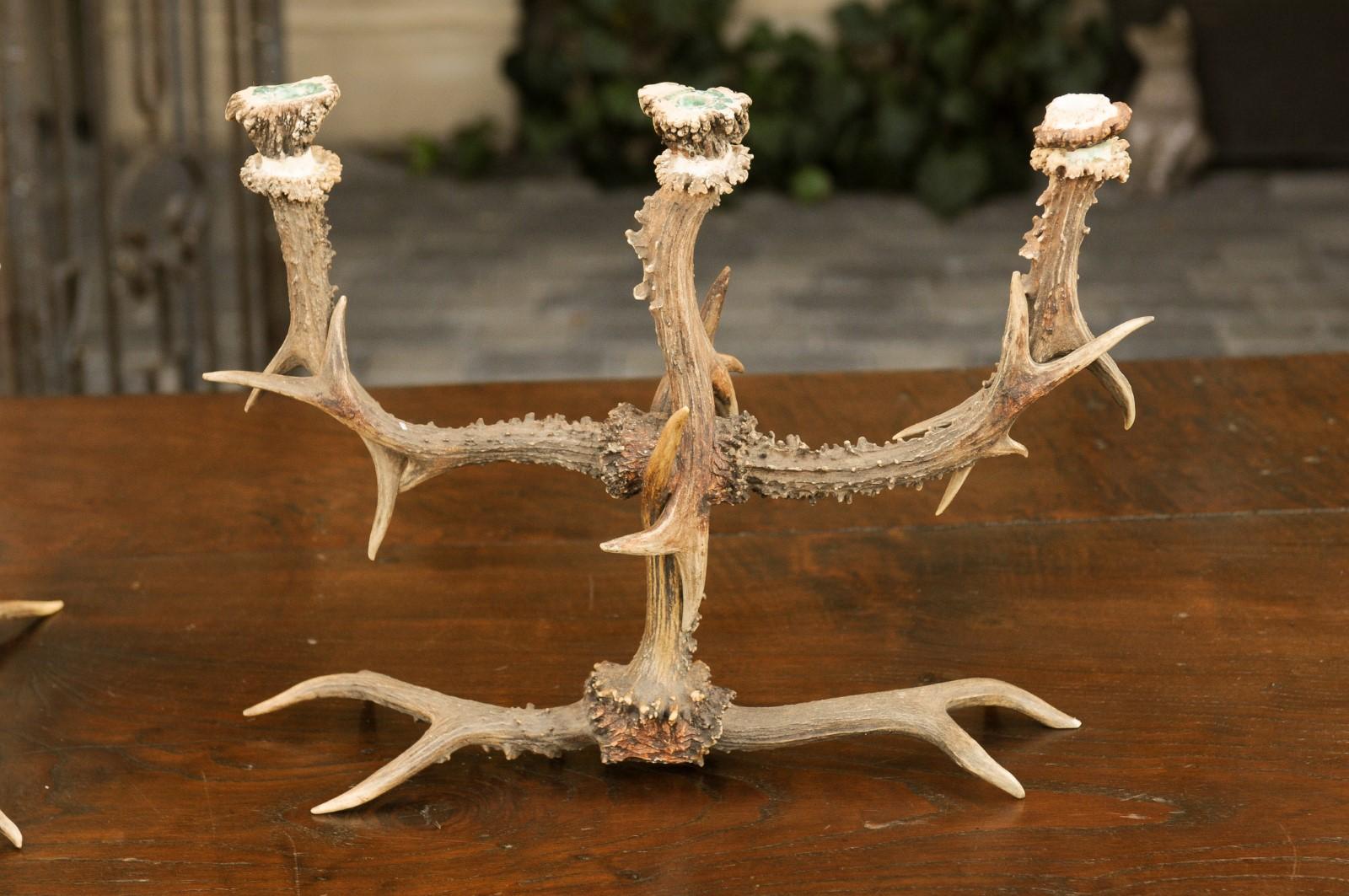 Pair of English Rustic Antler Three-Arm Candelabra from the 1940s For Sale 11