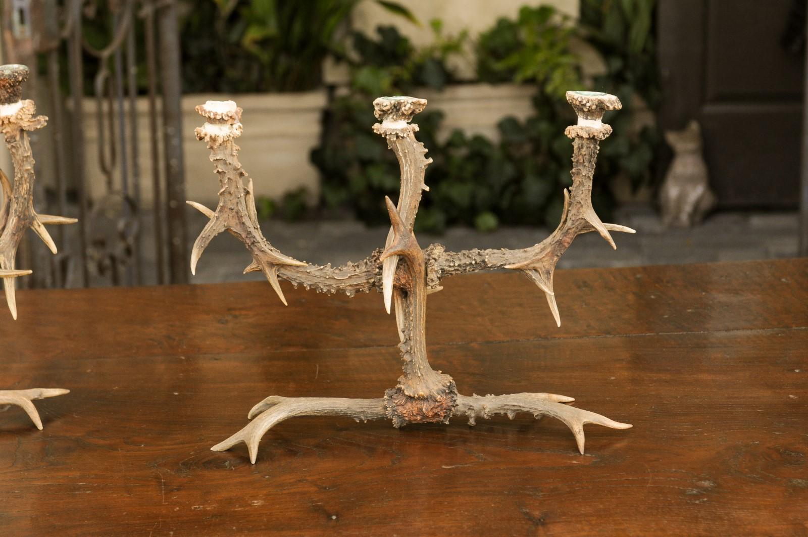 Pair of English Rustic Antler Three-Arm Candelabra from the 1940s For Sale 1