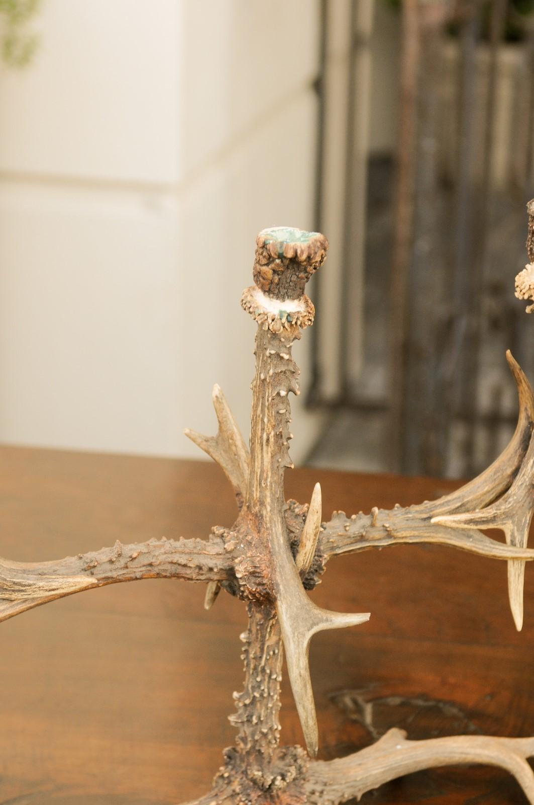 Pair of English Rustic Antler Three-Arm Candelabra from the 1940s For Sale 3