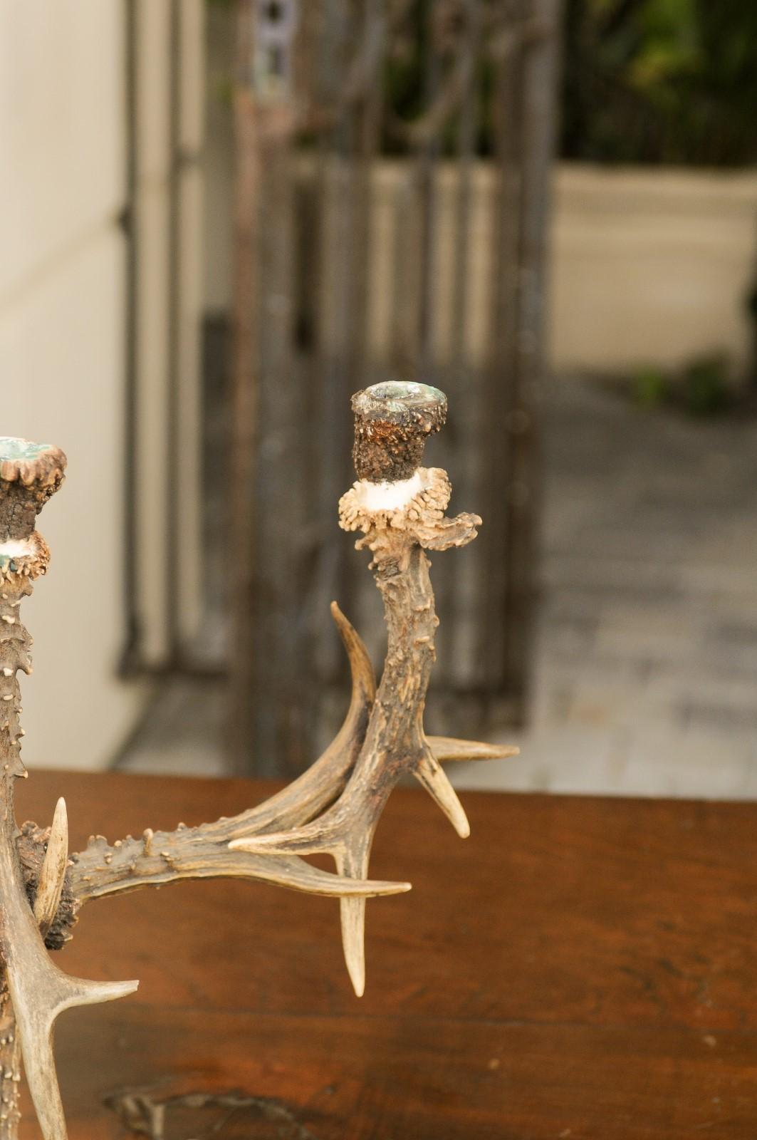 Pair of English Rustic Antler Three-Arm Candelabra from the 1940s For Sale 4