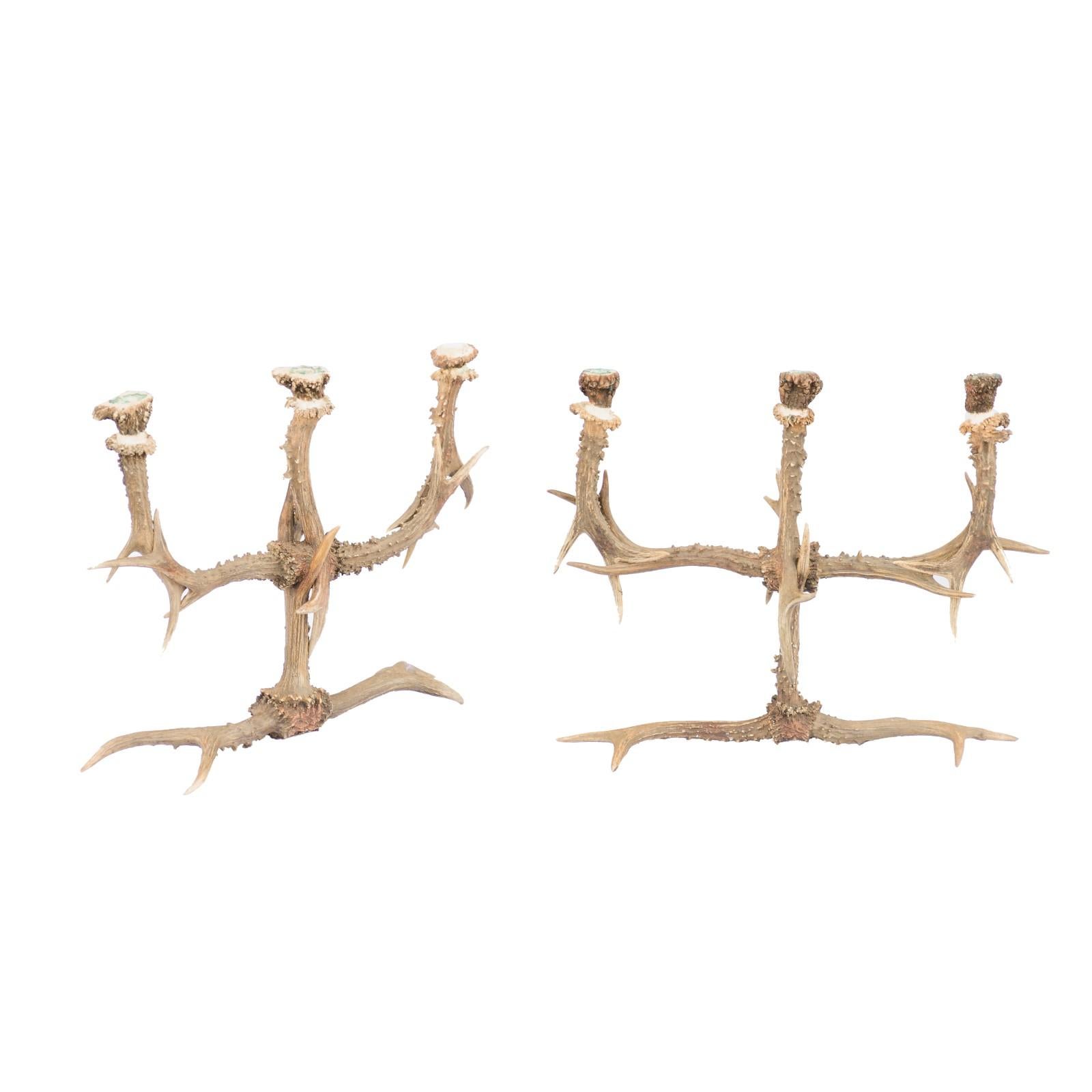 Pair of English Rustic Antler Three-Arm Candelabra from the 1940s For Sale