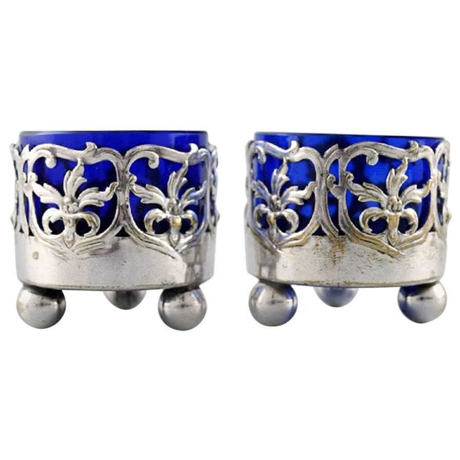 Pair of English Salt Cellar with Glass Inserts in Blue