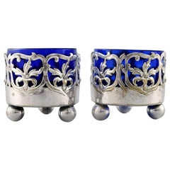 Pair of English Salt Cellar with Glass Inserts in Blue