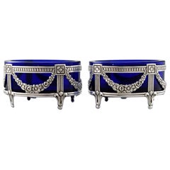 Pair of English Salt Vessels with Glass Inserts in English Silver