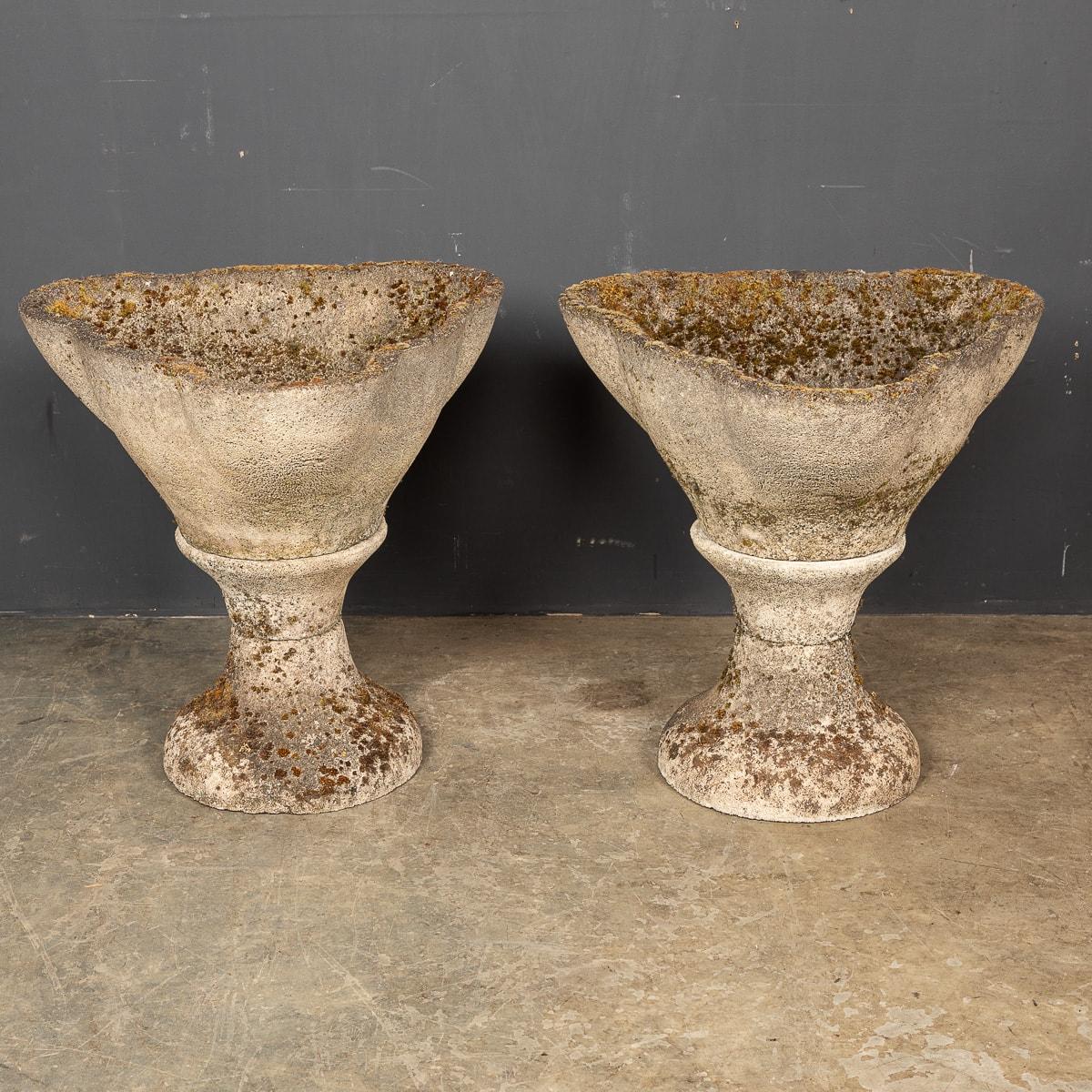 British Pair of English Scalloped Stone Garden Urns, c. 1960s For Sale