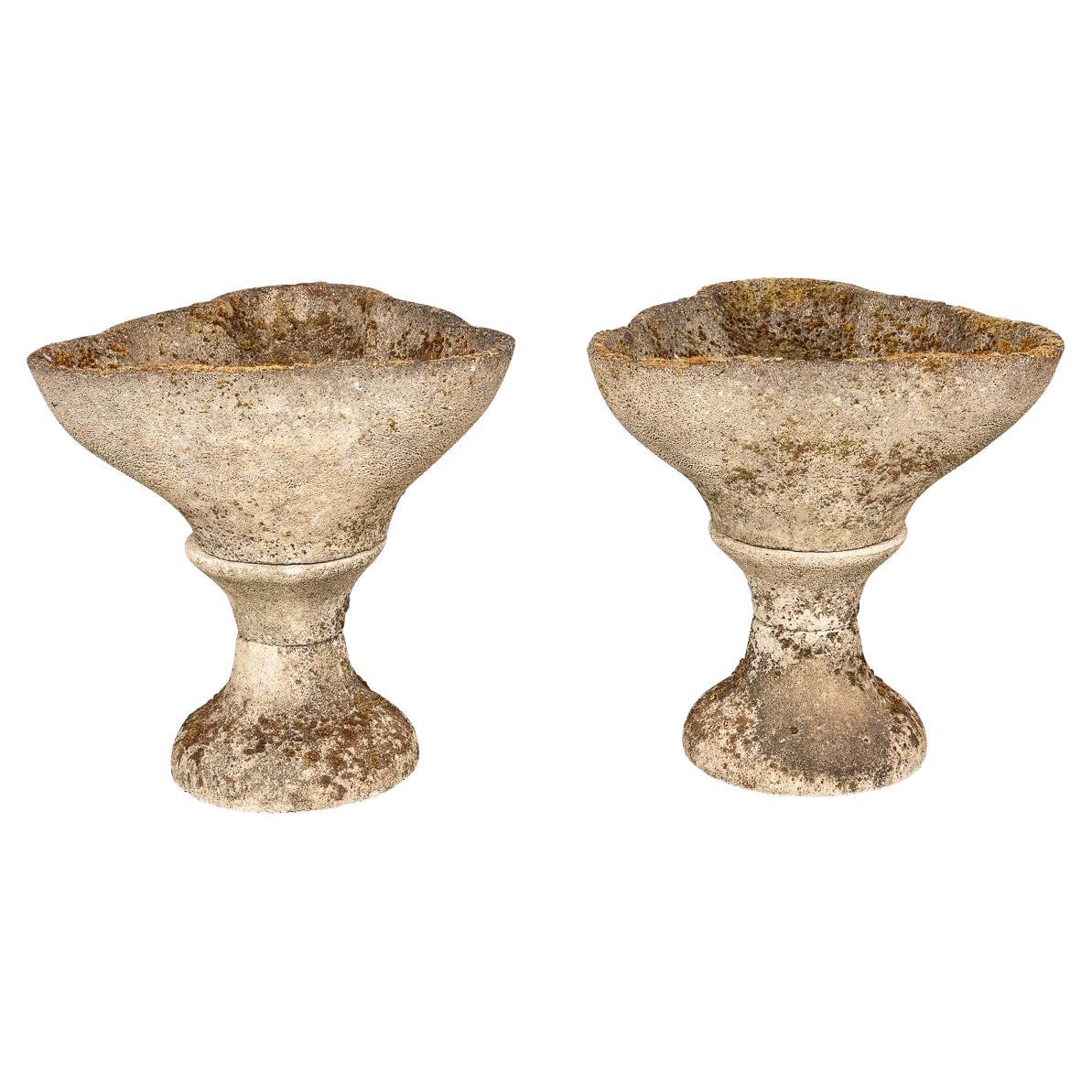 Pair of English Scalloped Stone Garden Urns, c. 1960s For Sale