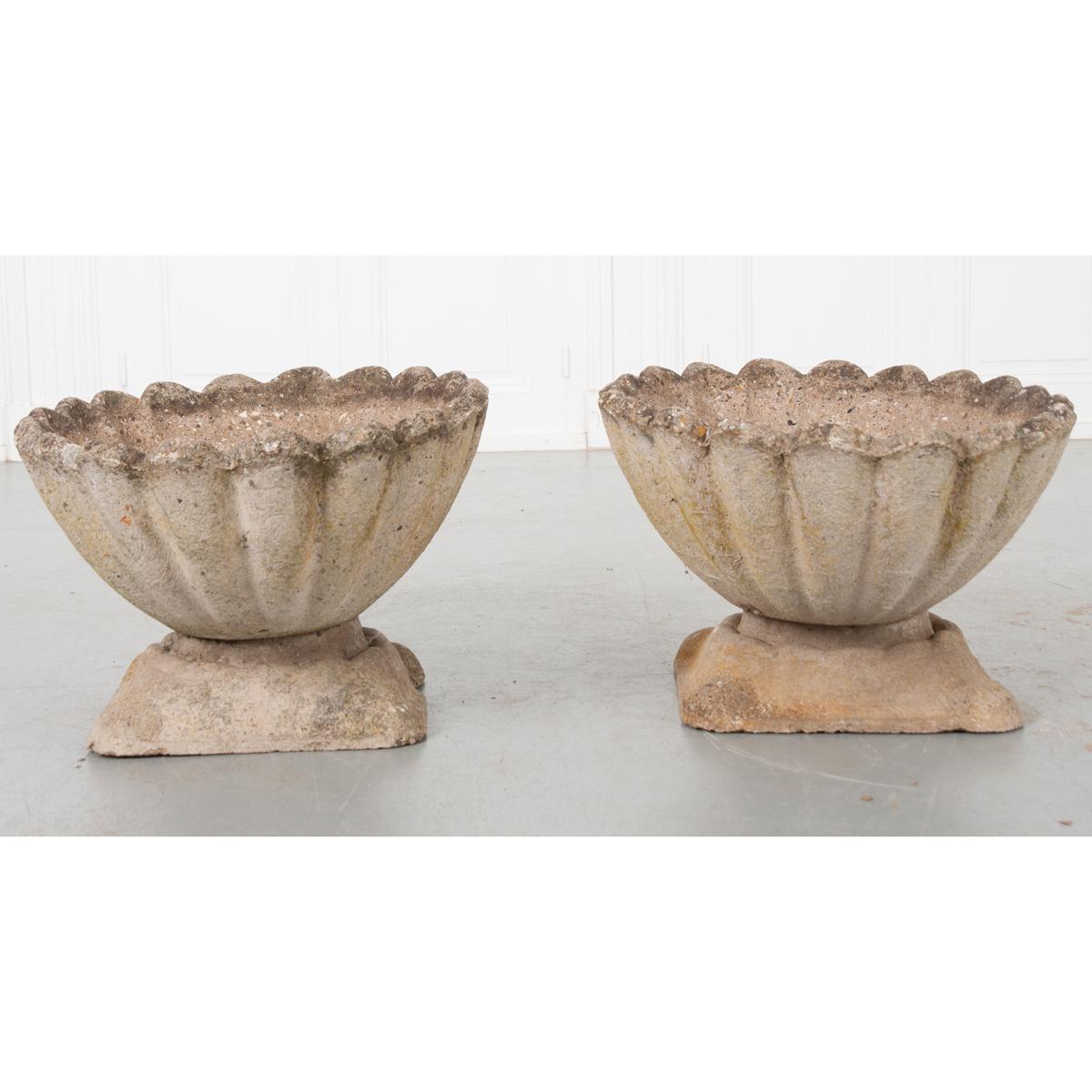 Cast Stone Pair of English Scalloped Urns