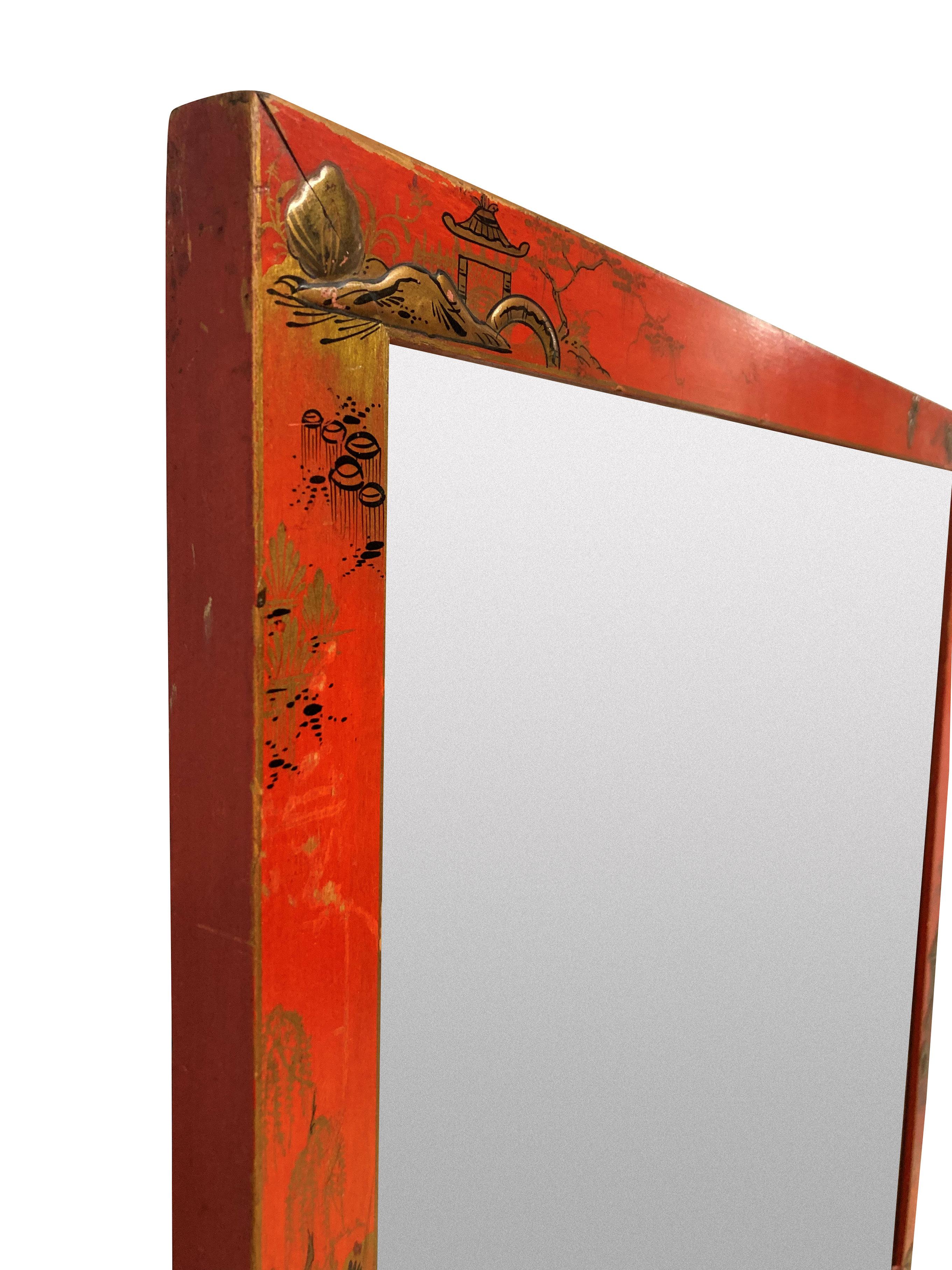 Early 20th Century Pair of English Scarlet Japanned Mirrors For Sale