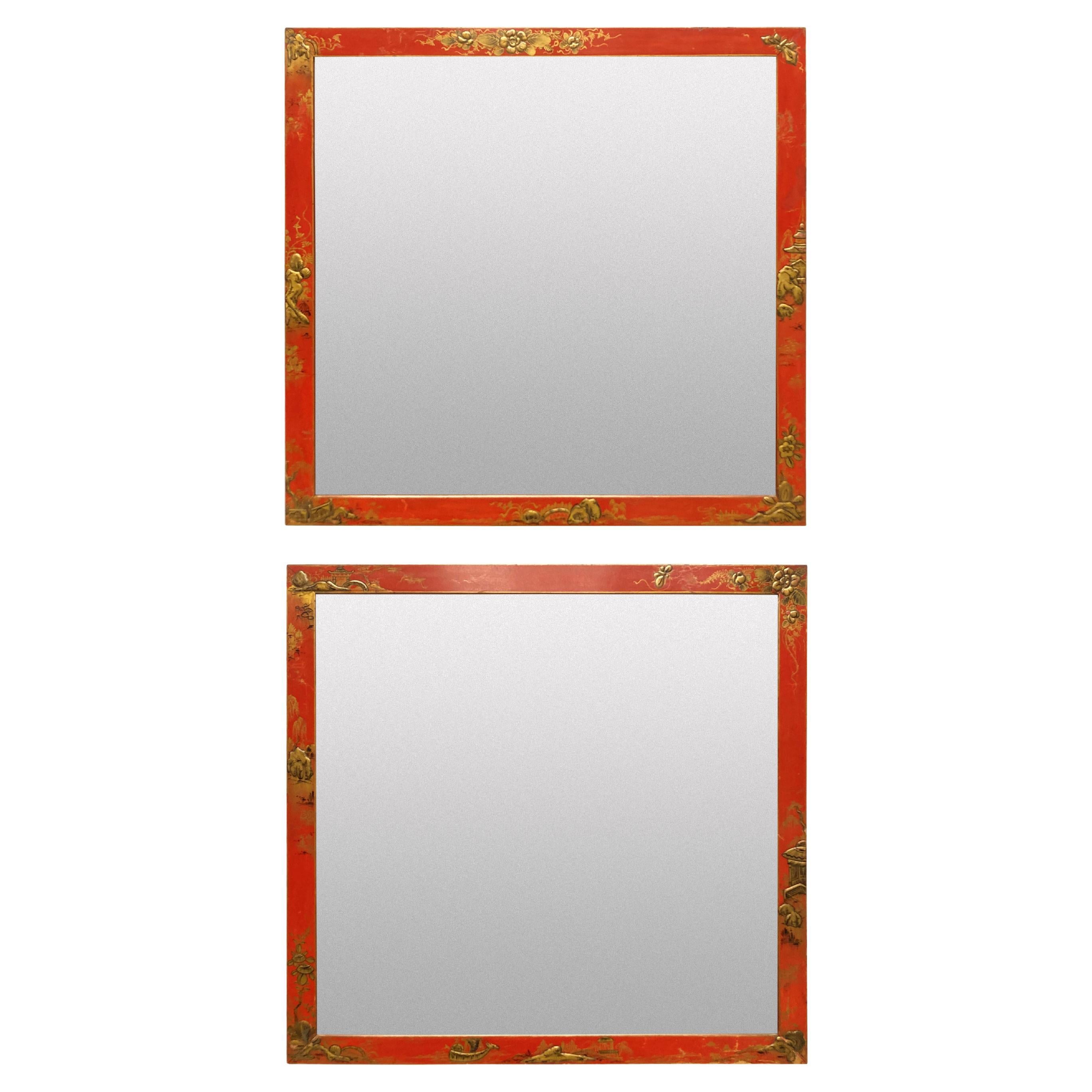 Pair of English Scarlet Japanned Mirrors For Sale