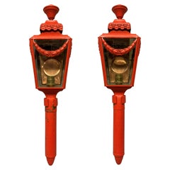 Antique Pair Of English Scarlet Painted Wall Lanterns
