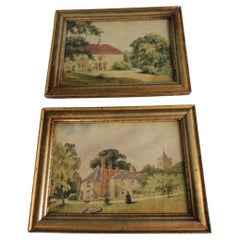 Pair of English School Pastoral Watercolor of Homes