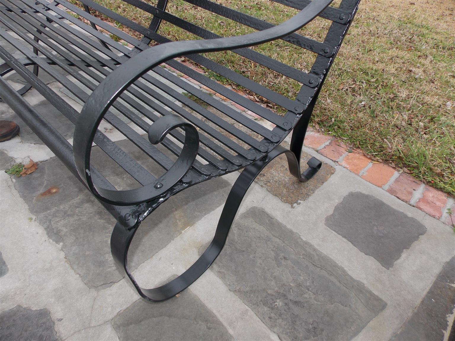 Pair of English Scrolled Wrought Iron Powered Coated Garden Benches 9