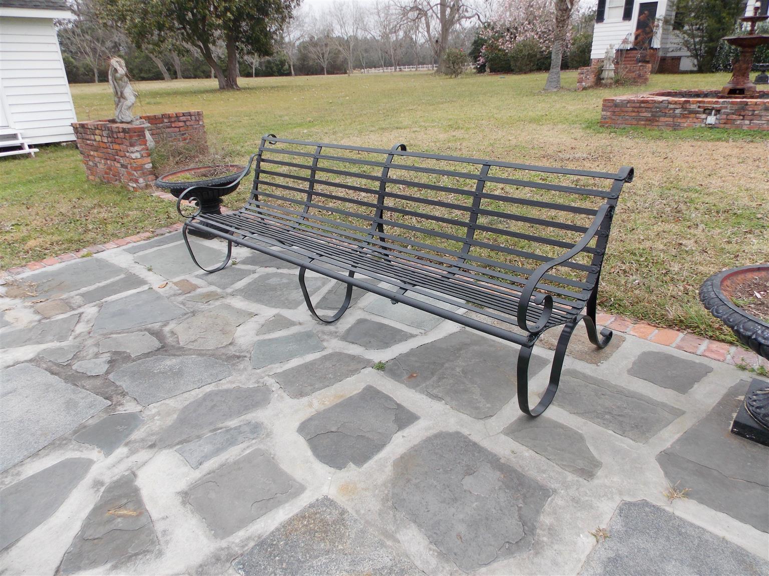 Pair of English Scrolled Wrought Iron Powered Coated Garden Benches In Excellent Condition In Hollywood, SC