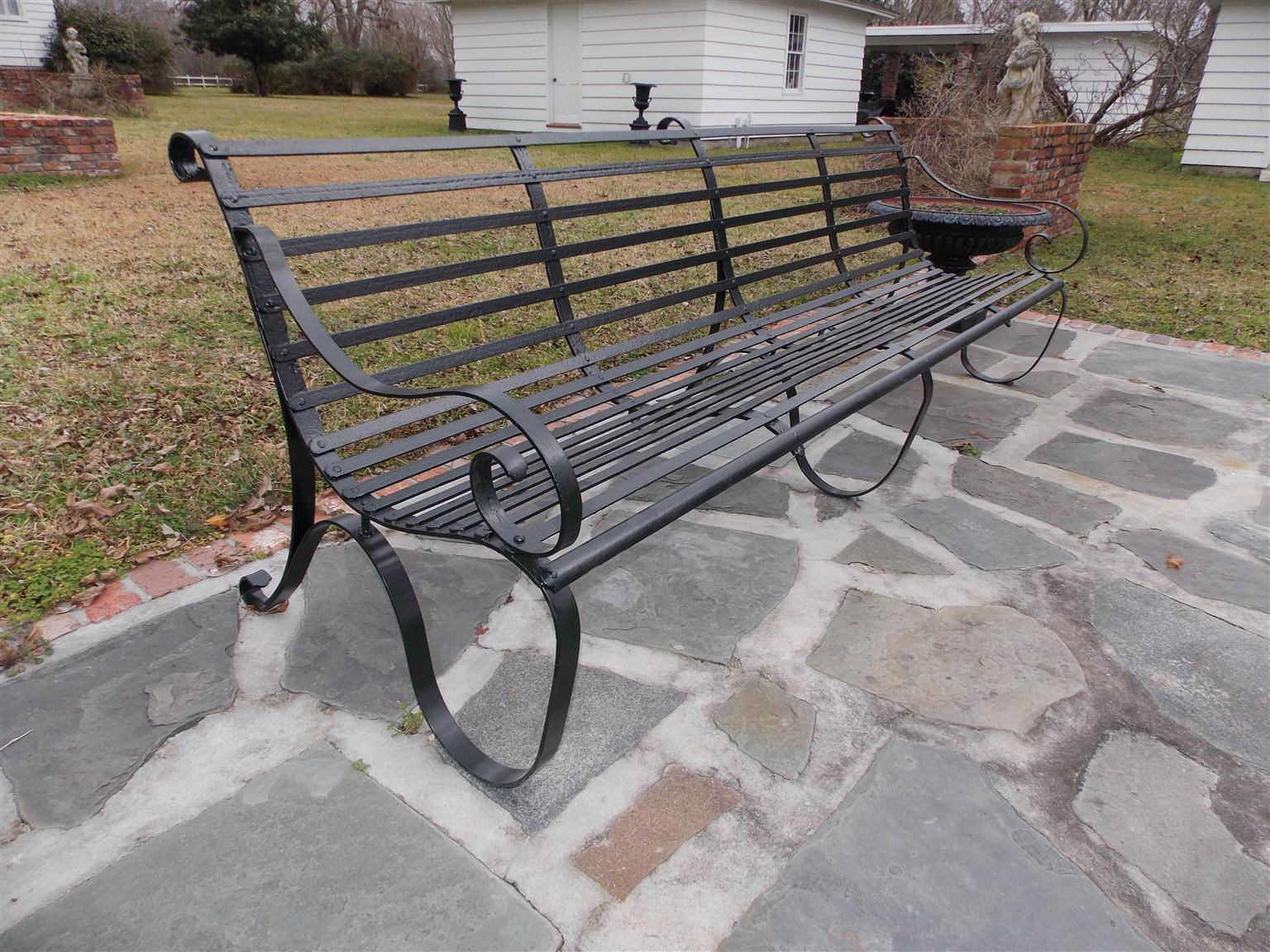 19th Century Pair of English Scrolled Wrought Iron Powered Coated Garden Benches