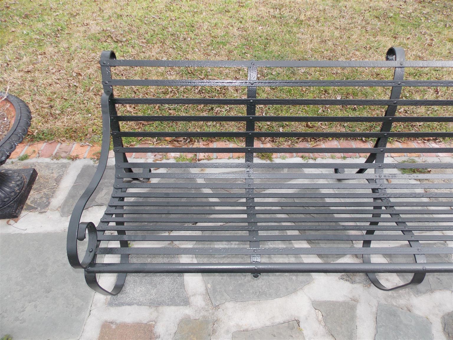 Pair of English Scrolled Wrought Iron Powered Coated Garden Benches 1