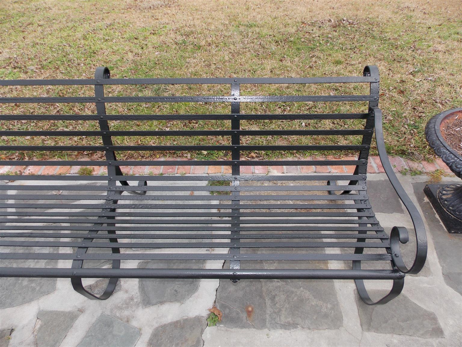 Pair of English Scrolled Wrought Iron Powered Coated Garden Benches 2