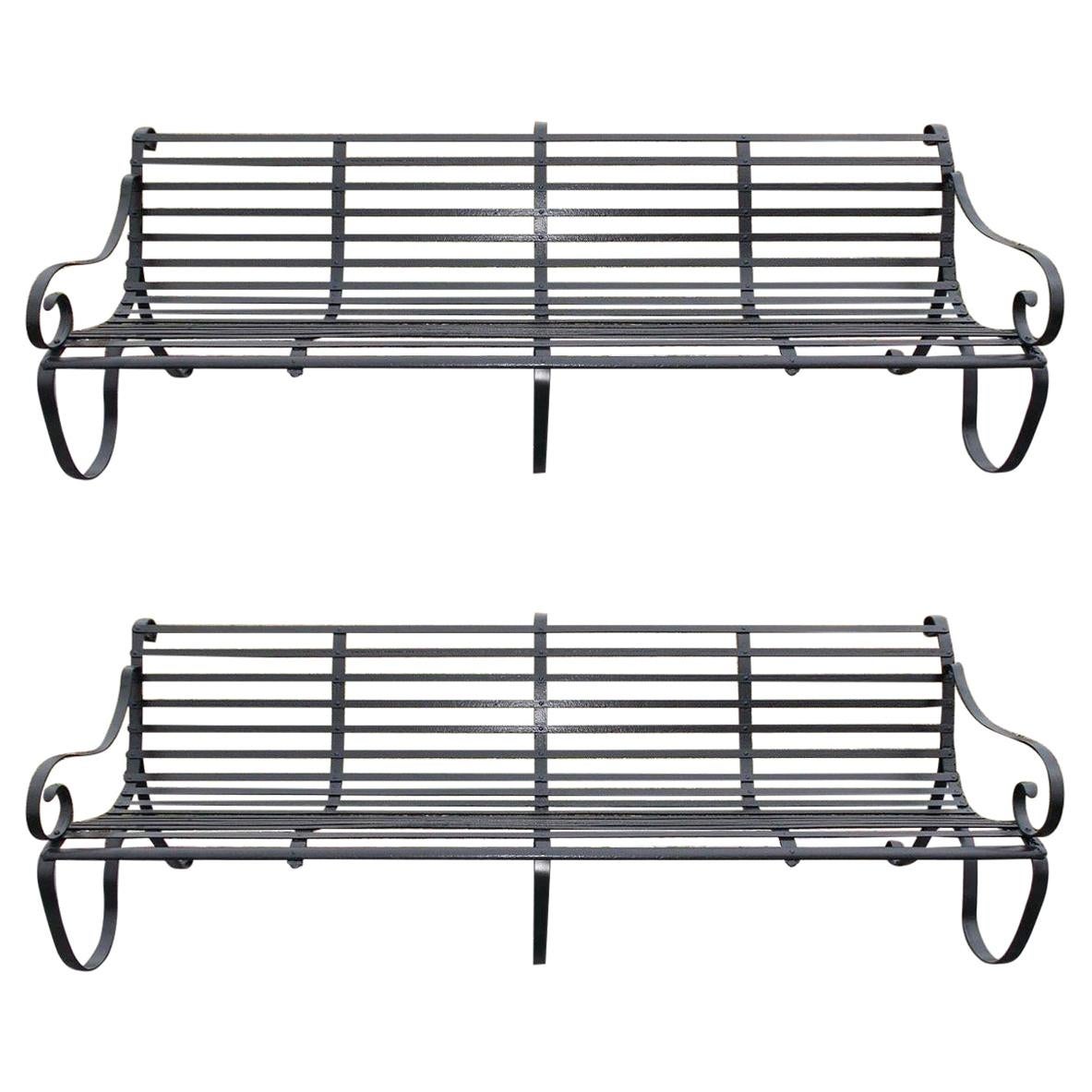 Pair of English Scrolled Wrought Iron Powered Coated Garden Benches