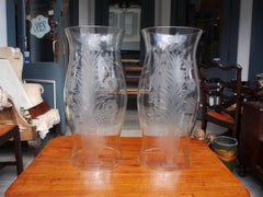 Pair of English Serpentine Form Decorative Floral Hurricane Globes. Circa 1880