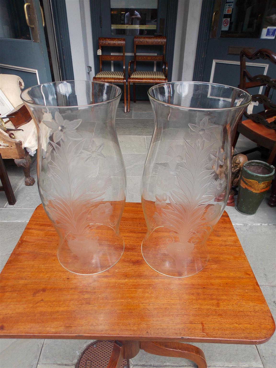 Pair of English Serpentine Form Decorative Floral Hurricane Globes. Circa 1880 In Excellent Condition In Hollywood, SC