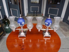 Pair of English Sheffield and Wedgewood Solar Lamps with Original Shades. C 1830