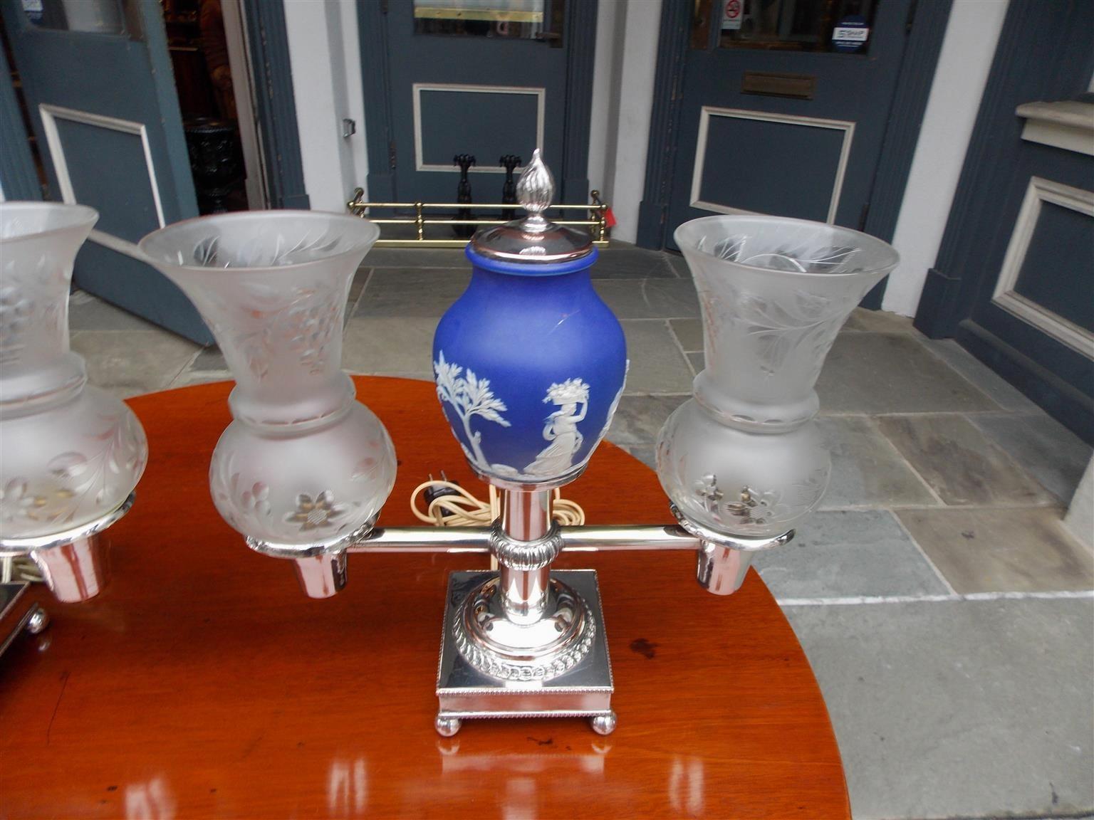 Pair of English Sheffield and Wedgewood Solar Lamps with Original Shades. C 1830 For Sale 1