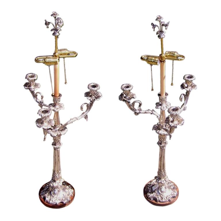 Pair of English Sheffield Monumental Hand Chased Floral Candelabras. Circa 1780 For Sale
