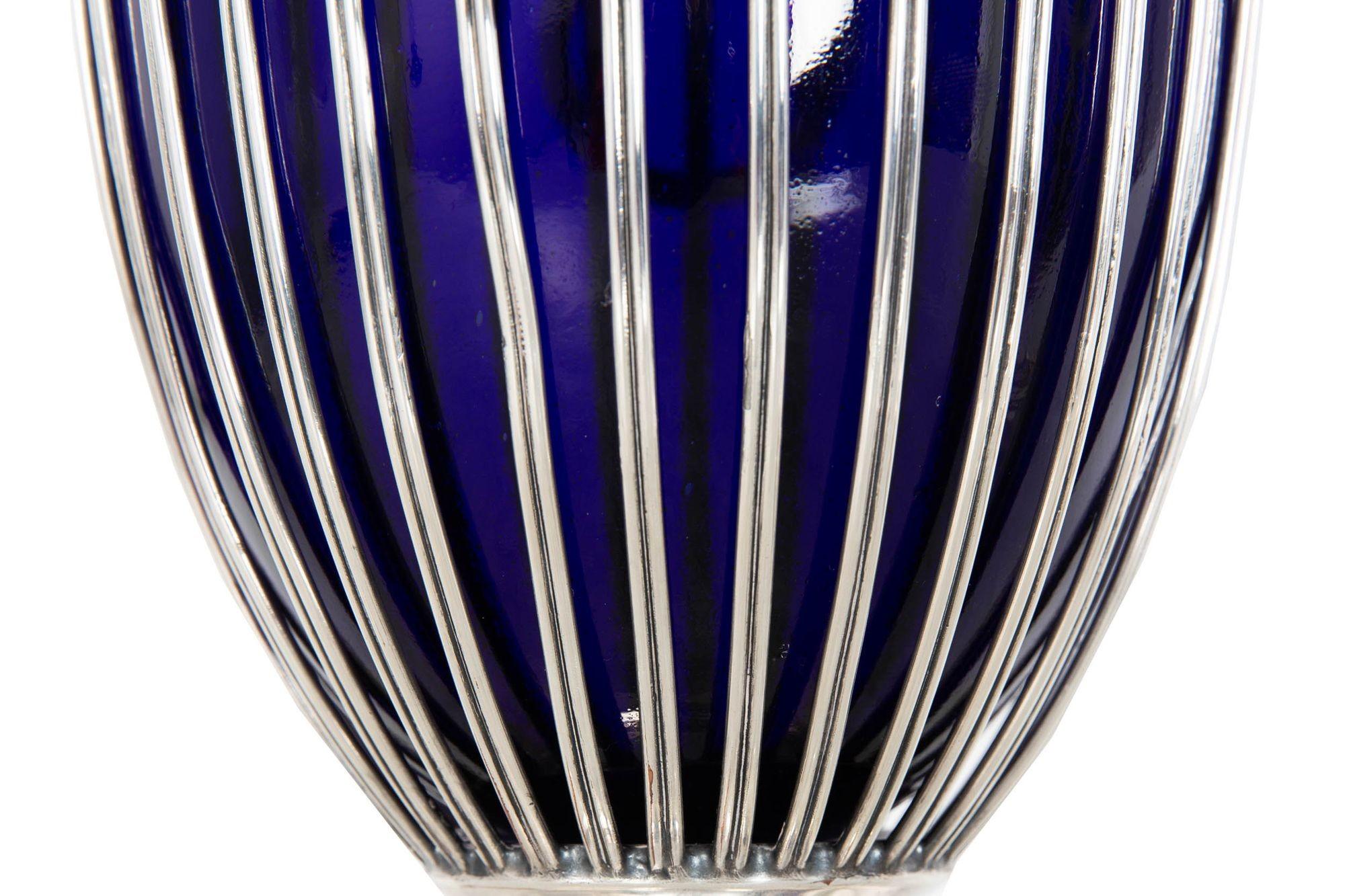 Pair of English Sheffield Silver Plated Cobalt Blue Glass Urns by Barker-Ellis For Sale 11