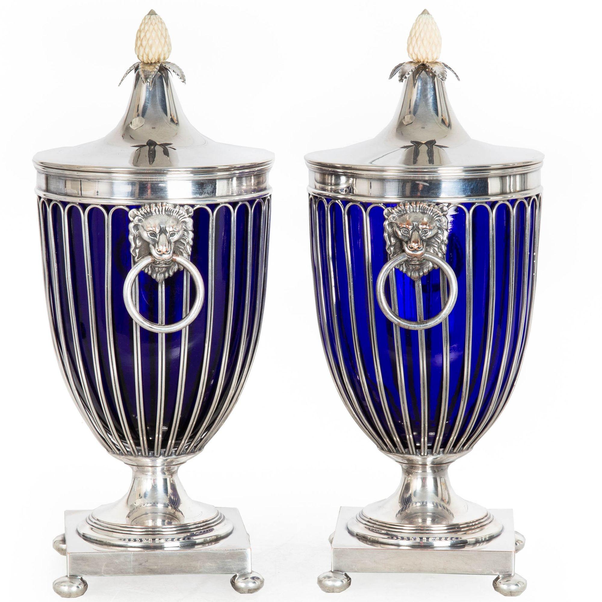 Regency Pair of English Sheffield Silver Plated Cobalt Blue Glass Urns by Barker-Ellis For Sale