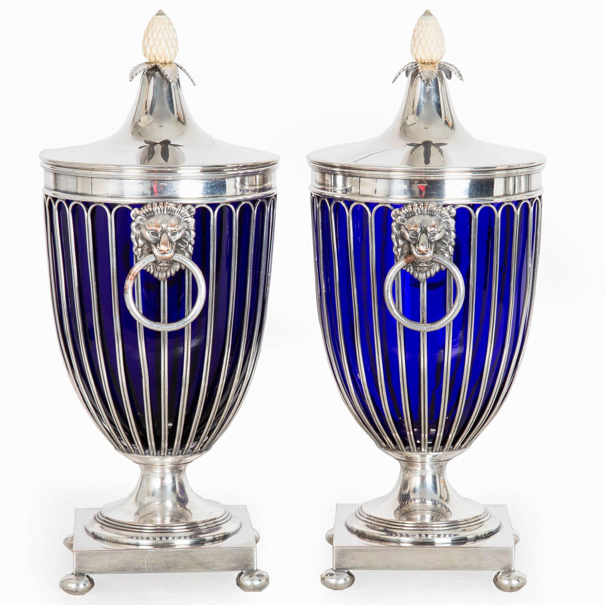Pair of English Sheffield Silver Plated Cobalt Blue Glass Urns by Barker-Ellis In Good Condition For Sale In Shippensburg, PA