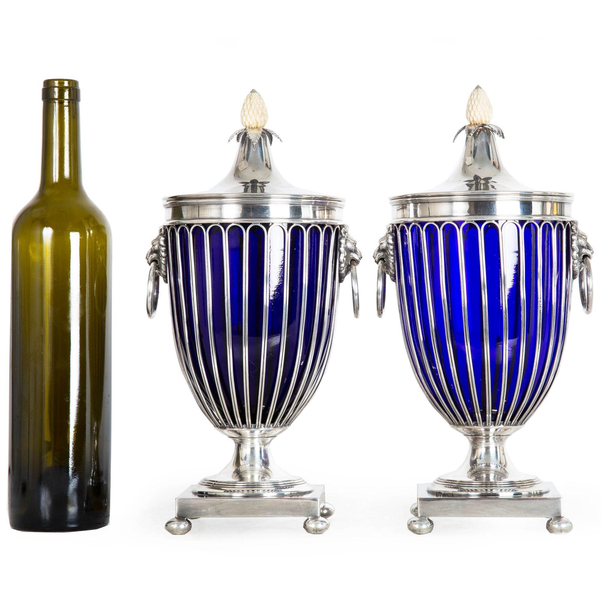 20th Century Pair of English Sheffield Silver Plated Cobalt Blue Glass Urns by Barker-Ellis For Sale