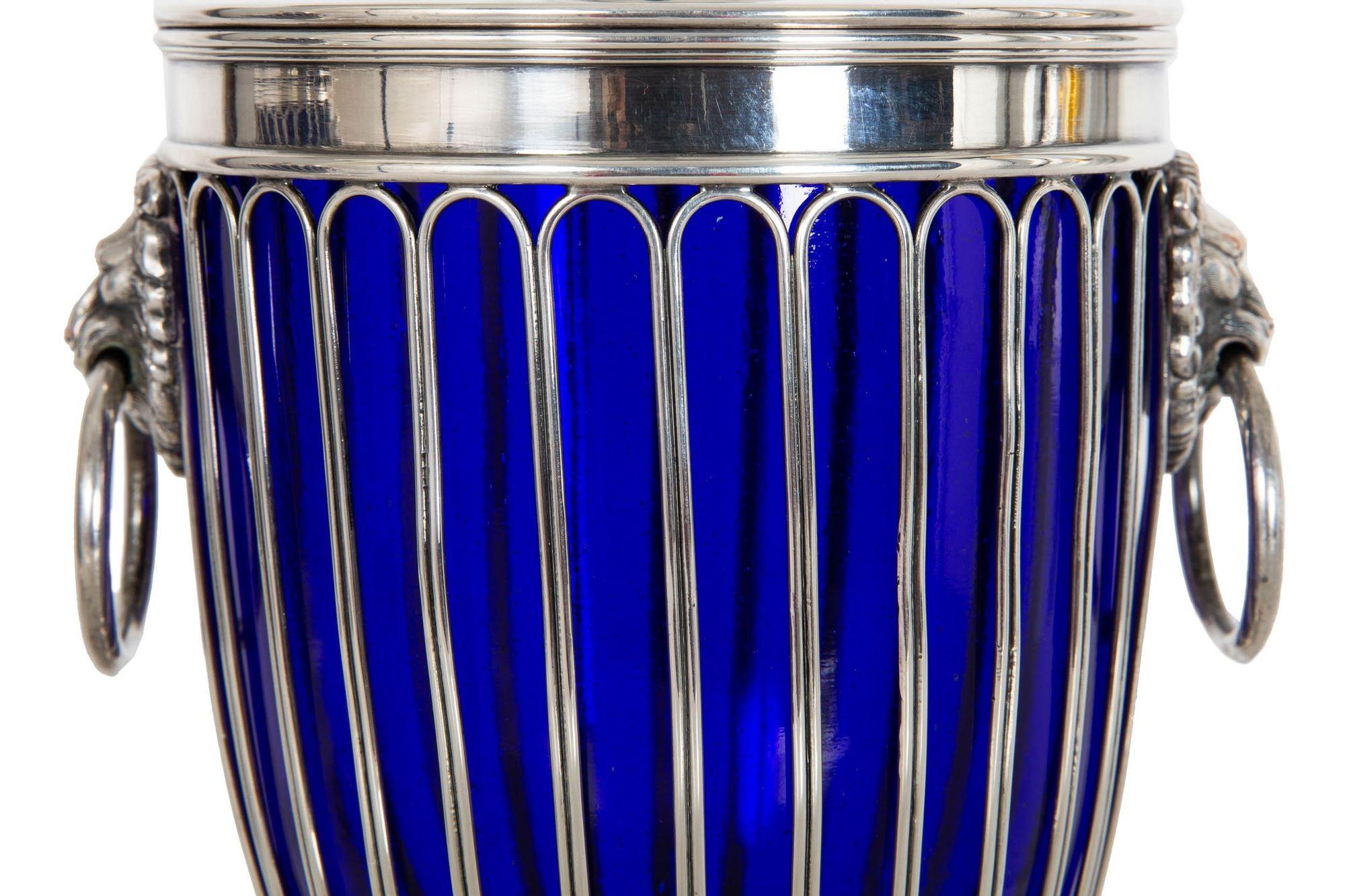 Pair of English Sheffield Silver Plated Cobalt Blue Glass Urns by Barker-Ellis For Sale 3