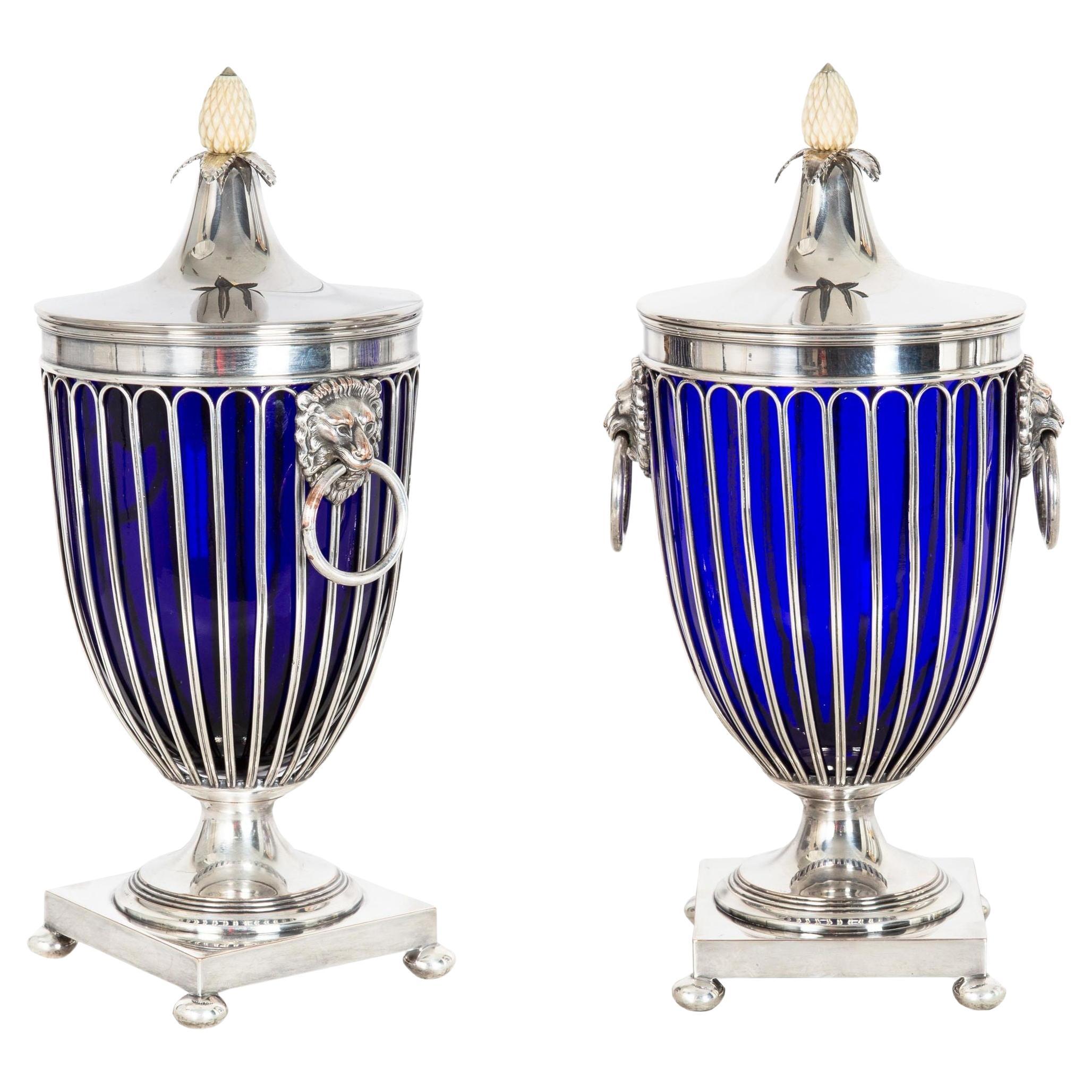 Pair of English Sheffield Silver Plated Cobalt Blue Glass Urns by Barker-Ellis For Sale