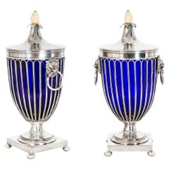 Vintage Pair of English Sheffield Silver Plated Cobalt Blue Glass Urns by Barker-Ellis