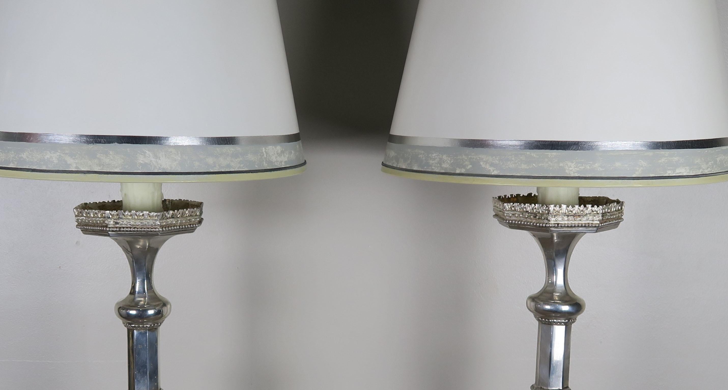 Georgian Pair of English Sheffield Silver Plated Lamps with Custom Parchment Shades