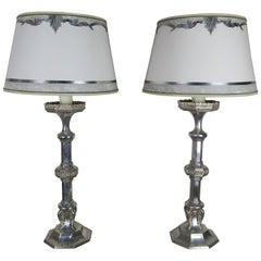 Antique Pair of English Sheffield Silver Plated Lamps with Custom Parchment Shades