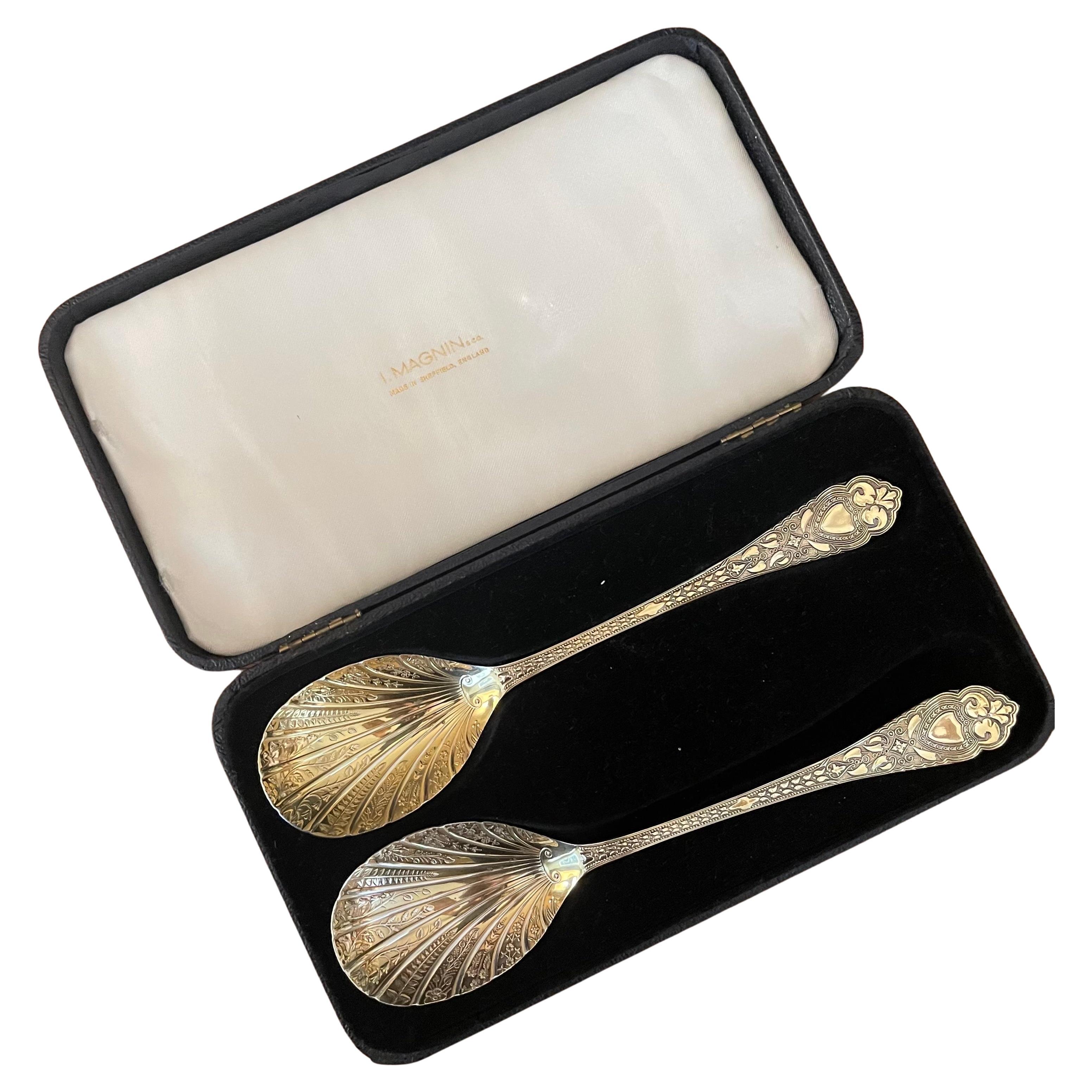 Pair of English Sheffield Silver Plated Serving Spoons in Box by I. Magnin For Sale