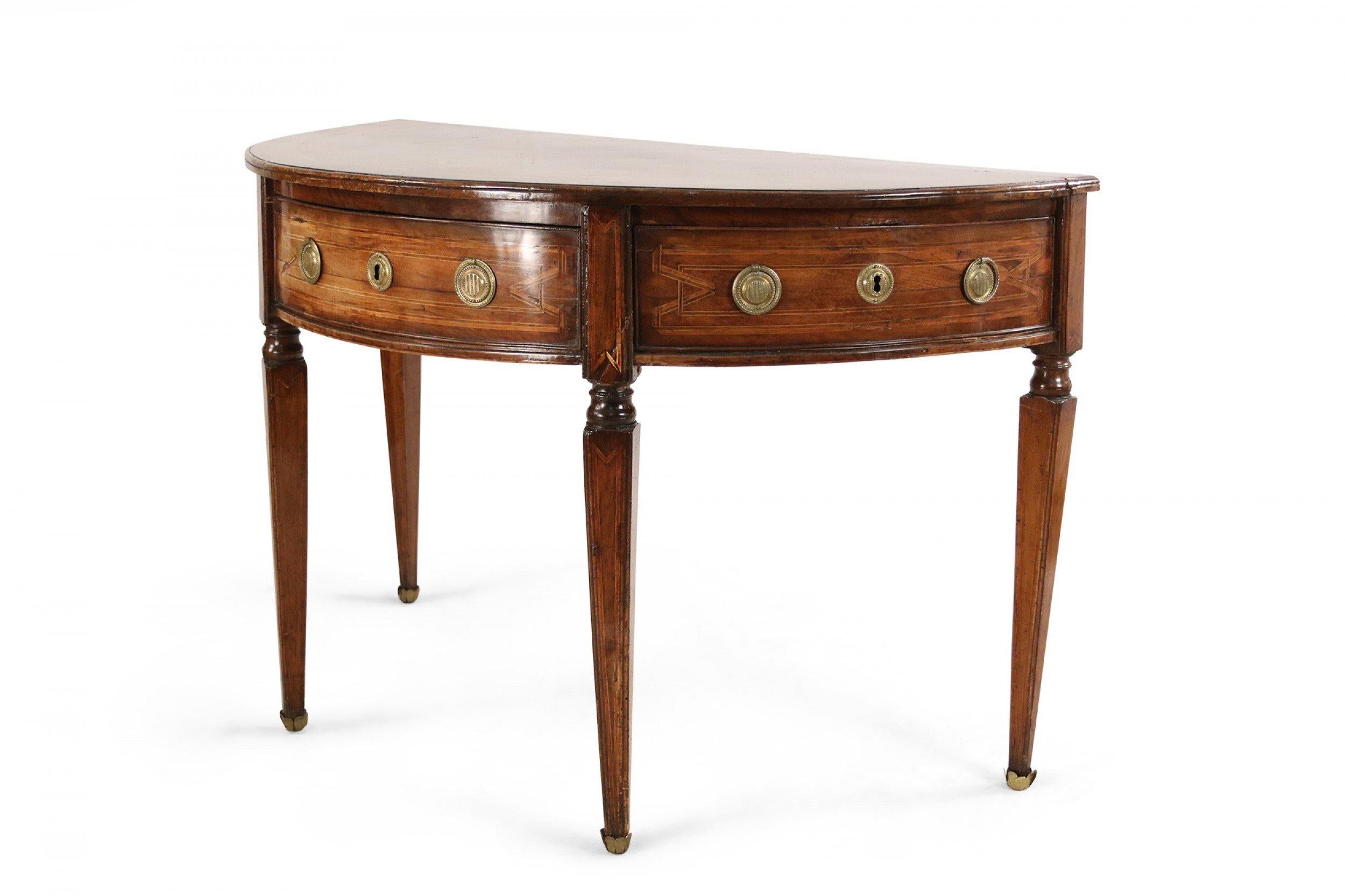 Pair of English Sheraton 18th century demilune shaped oak console tables with an inlaid compass patterned top and on 3 drawers with brass circular drawer pulls resting a square tapered legs.