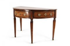 Pair of English Sheraton Style Demilune Inlaid Oak Console Tables