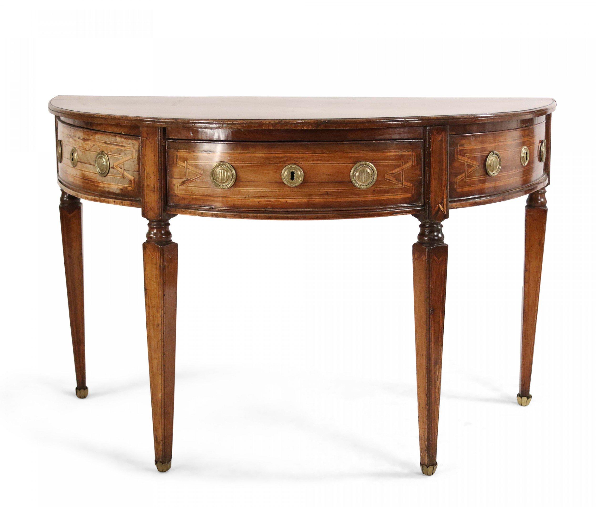 Inlay Pair of English Sheraton Style Demilune Inlaid Oak Console Tables For Sale