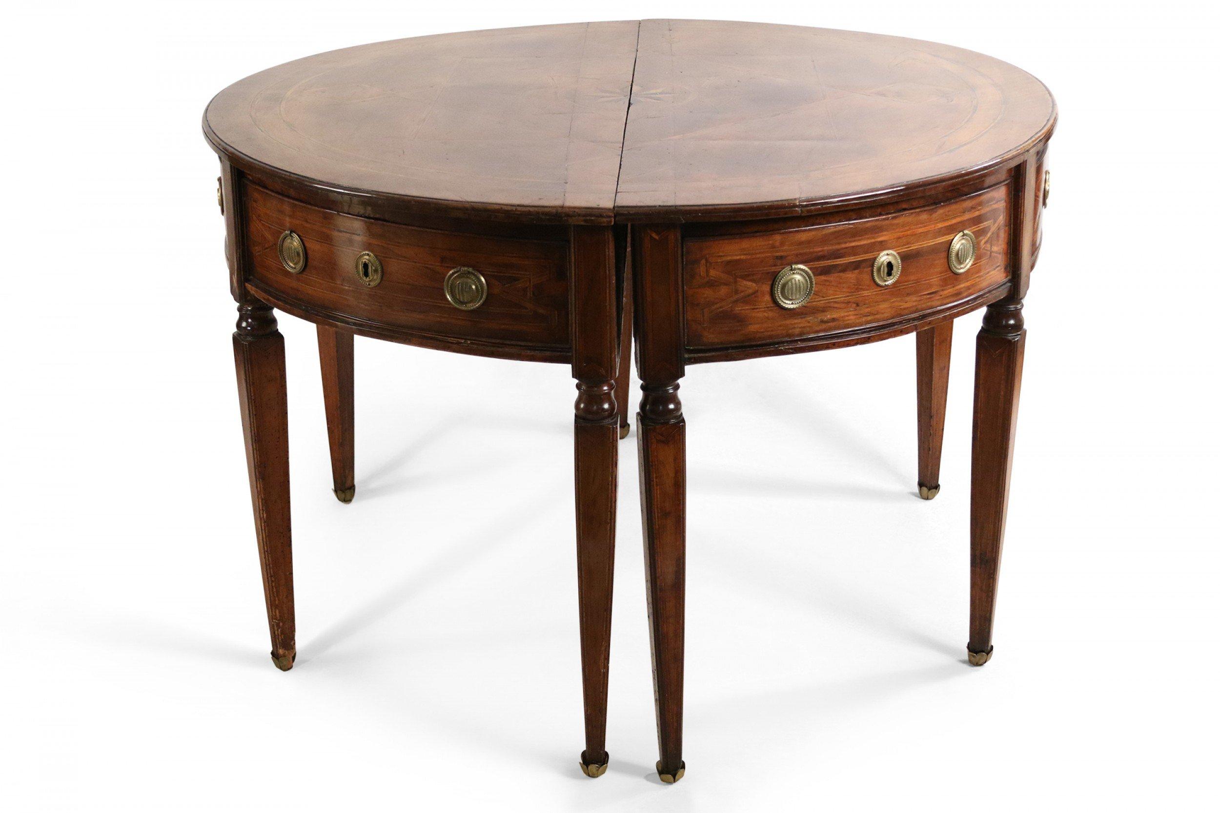 Mahogany Pair of English Sheraton Style Demilune Inlaid Oak Console Tables For Sale