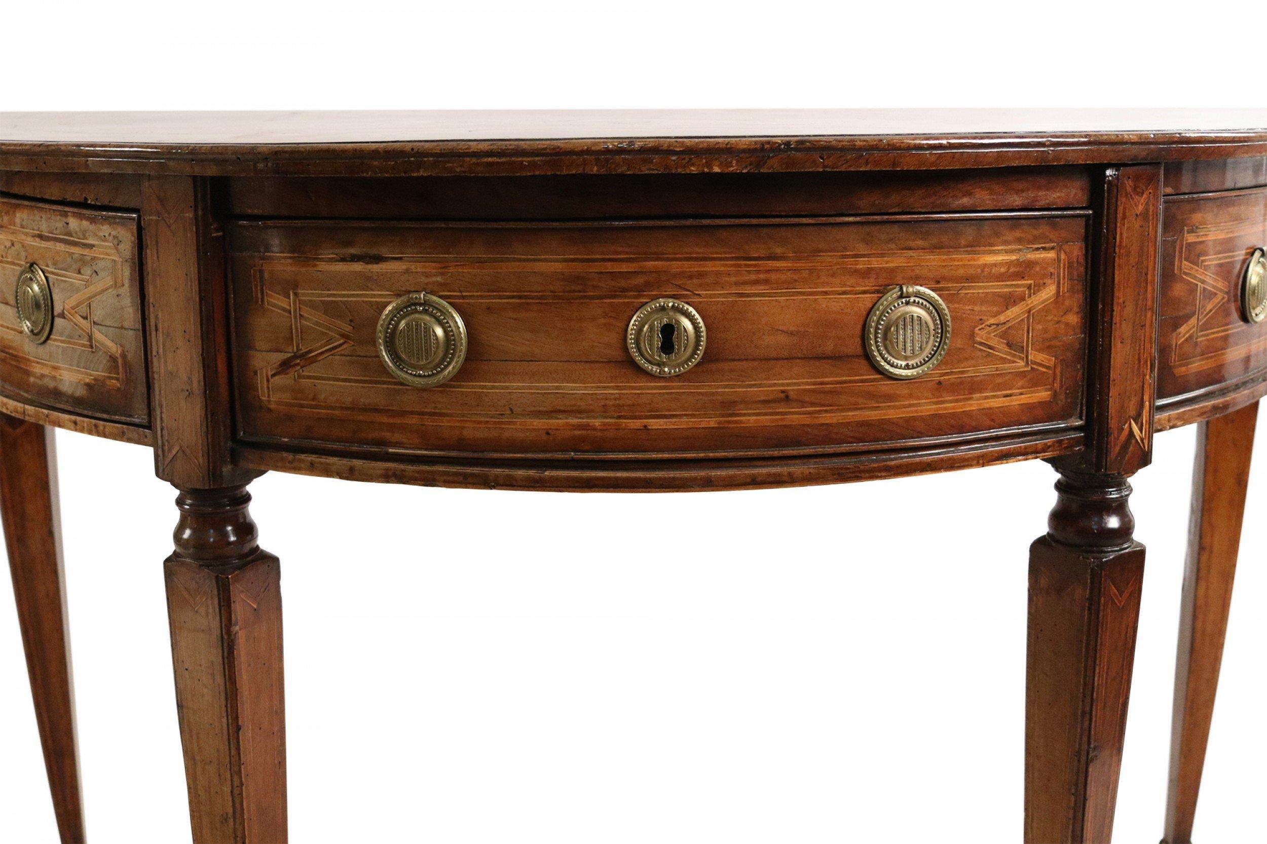 Pair of English Sheraton Style Demilune Inlaid Oak Console Tables For Sale 2